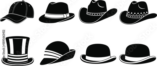 “Eight Hat Silhouettes – Cowboy, Fedora, Bowler, Top Hat and Baseball Cap Styles on Dark Background for Fashion Design”