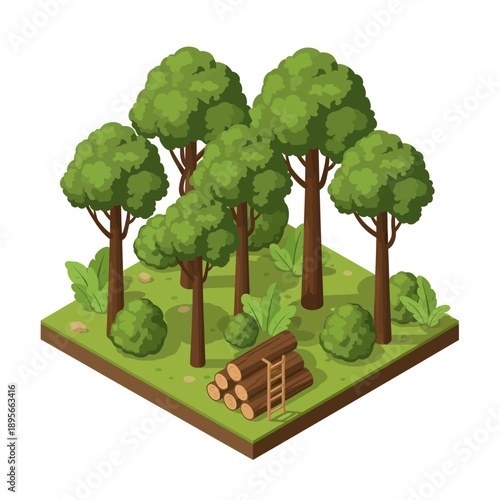 Isometric Forest Scene with Trees and Log Pile.
