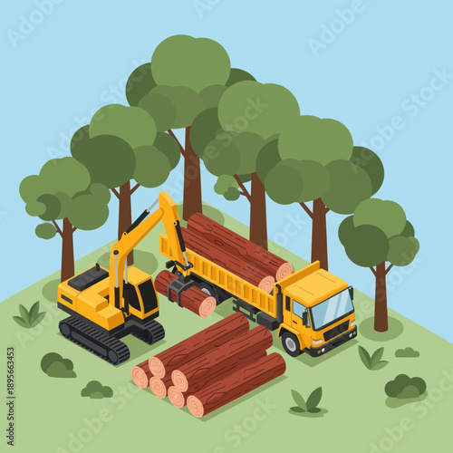 Yellow Excavator and Logging Truck Scene.