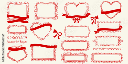 Doodle hand drawn coquette frames with hearts, wavy lines, bows and ribbons. Trendy vintage whimsical borders for wedding invitations, birthday card, prints. Vector modern illustration