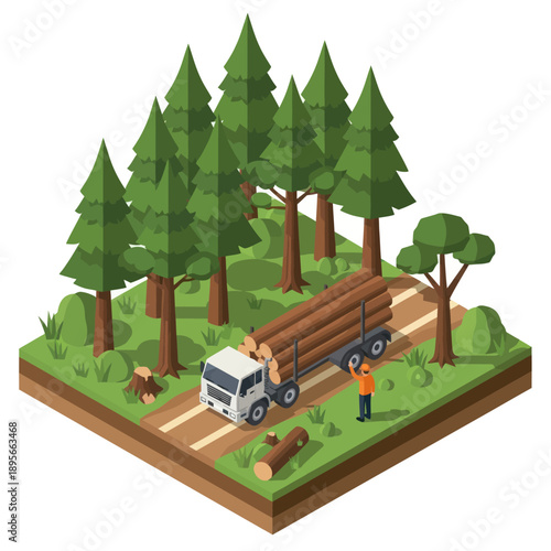 Logging Truck in Forest Scene Illustration.
