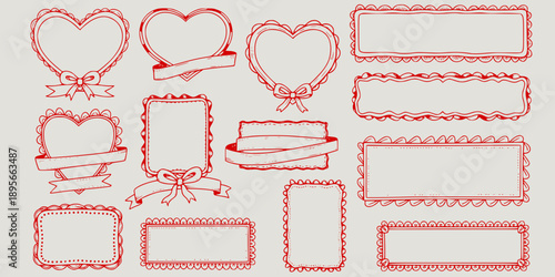 Doodle hand drawn coquette frames with hearts, wavy lines, bows and ribbons. Trendy vintage whimsical borders for wedding invitations, birthday card, prints. Vector modern illustration
