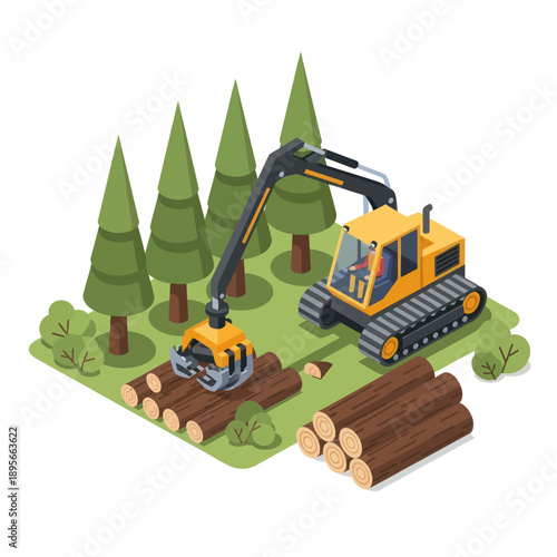 Yellow Excavator Logging Operation in Forest.