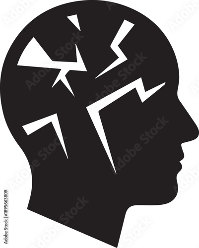 A stark graphic silhouette of a human head with internal cracks, symbolizing intense mental stress, severe headache, emotional burden, or a psychological breakdown