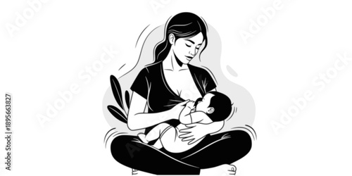 Mother breastfeeding baby natural motherhood concept vector illustration black and white

