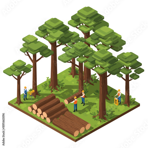Lumberjacks Cutting Down Trees in Forest.