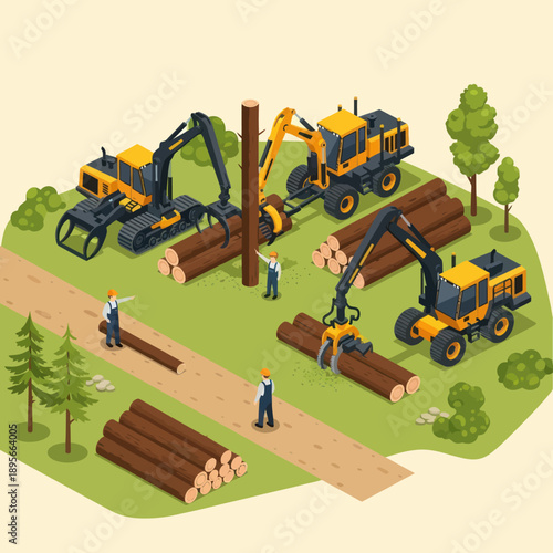 Logging Operation with Heavy Machinery Workers.