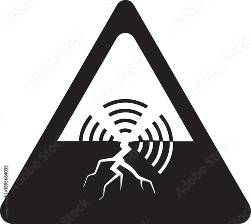 Distinctive warning sign depicting ground instability and seismic activity, with radiating waves above deep cracks, symbolizing potential environmental hazards, structural damage, and urgent caution