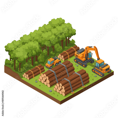Logging Operation with Excavator and Timber.