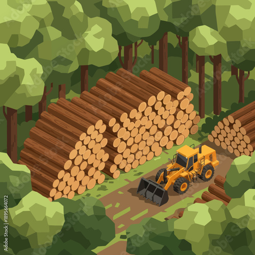 Yellow Tractor Loading Logs in Forest.