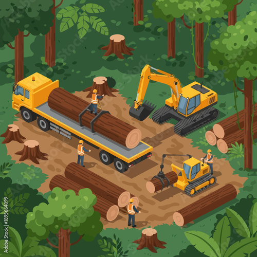 Logging Operation with Heavy Machinery Forest.