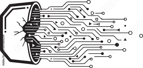 Abstract visualization of data flow from a cracked digital device, symbolizing information transfer and technological breakdown