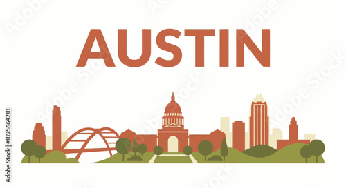 Austin city skyline featuring famous landmarks flat vector illustration