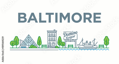 Baltimore city skyline landmarks minimalist vector illustration