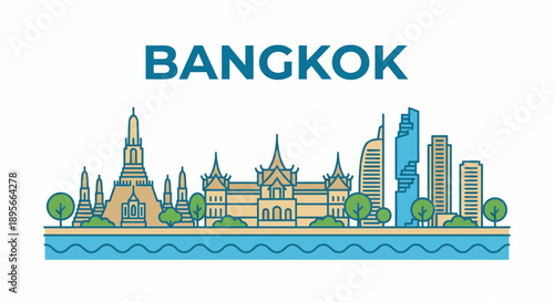 Bangkok city skyline with famous landmarks vector illustration