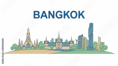 Bangkok city skyline with famous landmarks vector illustration