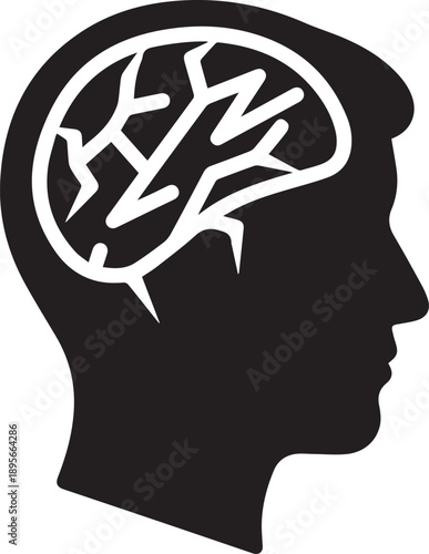 Stylized Silhouette of a Human Head with a Detailed Brain Illustration Inside, Symbolizing Thought and Intelligence