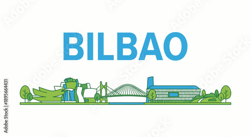 Bilbao city skyline with landmarks flat vector illustration