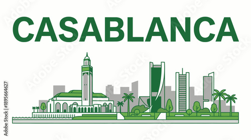 Casablanca skyline featuring Hassan II Mosque vector illustration