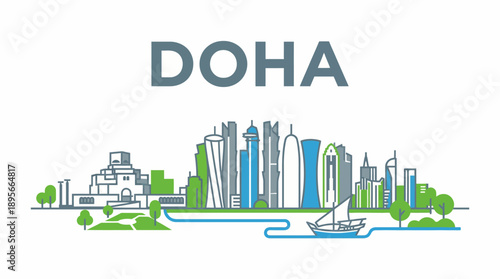 Doha city skyline landmarks and dhow vector illustration