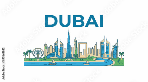 Dubai skyline with famous landmarks travel vector illustration