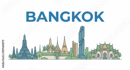 Famous Bangkok landmarks and city skyline vector illustration