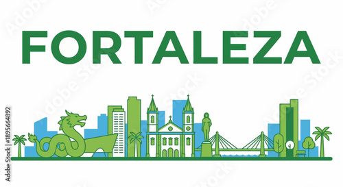 Fortaleza city skyline landmarks and typography vector illustration