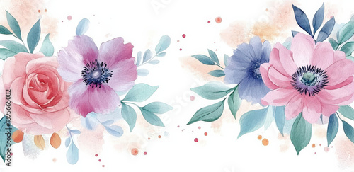 Watercolor Floral Arrangement with Pink and Blue Flowers