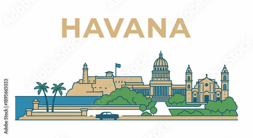 Havana Cuba city skyline landmarks vector illustration