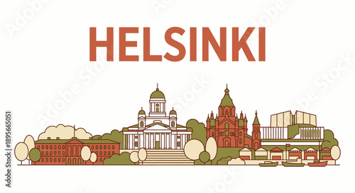 Helsinki city skyline with famous landmarks vector illustration