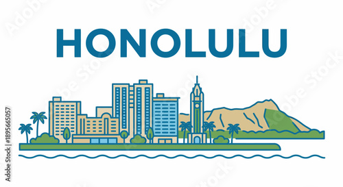 Honolulu city skyline and Diamond Head vector illustration