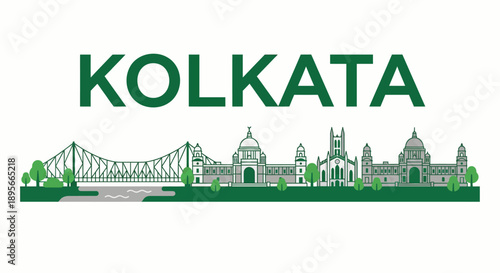Kolkata skyline landmarks with typography vector illustration