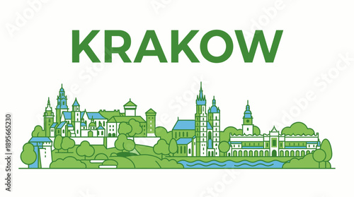 Krakow city skyline landmarks for travel minimalist vector illustration