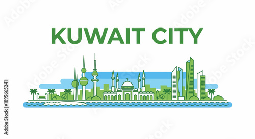 Kuwait City skyline landmarks flat line vector illustration