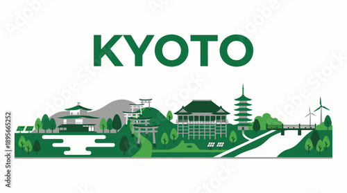 Kyoto city landmarks and sustainable energy vector illustration