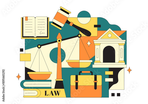 Law Firm Services Vector Illustration Featuring Justice, Legal Advice, Court Judgment, And Lawyer Consultation With Flat Cartoon Style Background
