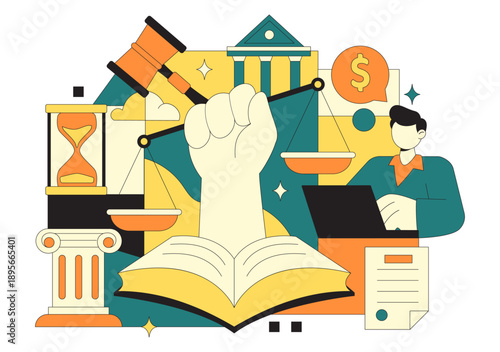 Law Firm Services Vector Illustration Featuring Justice, Legal Advice, Court Judgment, And Lawyer Consultation With Flat Cartoon Style Background