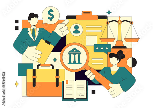 Law Firm Services Vector Illustration Featuring Justice, Legal Advice, Court Judgment, And Lawyer Consultation With Flat Cartoon Style Background