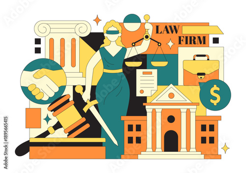 Law Firm Services Vector Illustration Featuring Justice, Legal Advice, Court Judgment, And Lawyer Consultation With Flat Cartoon Style Background
