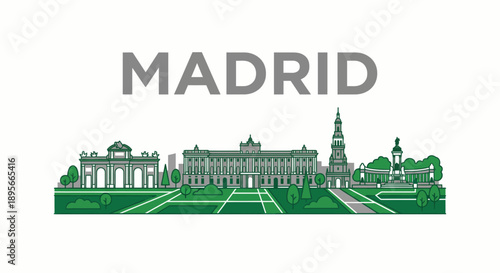 Madrid city landmarks and skyline flat vector illustration