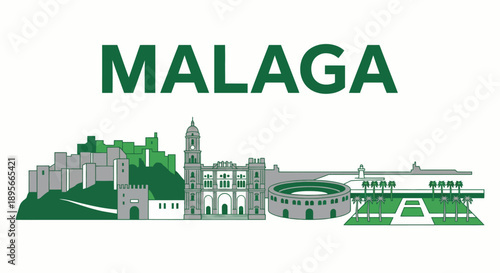 Malaga Spain city skyline and landmarks vector illustration