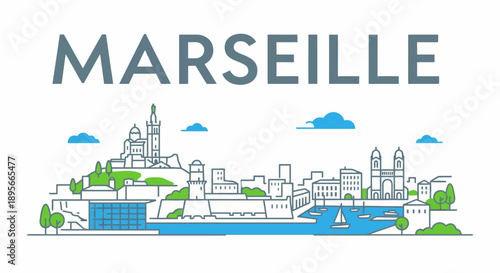 Marseille France city skyline with landmarks vector illustration
