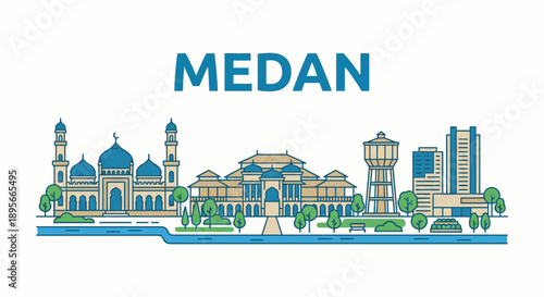 Medan Indonesia city skyline tourism vector illustration