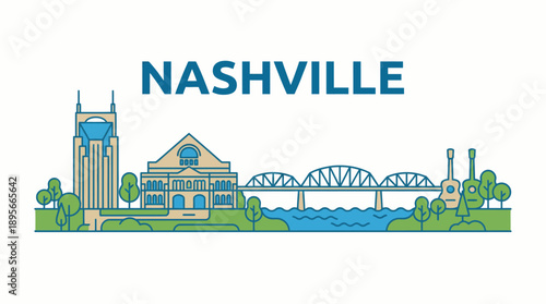Nashville city skyline landmarks flat vector illustration