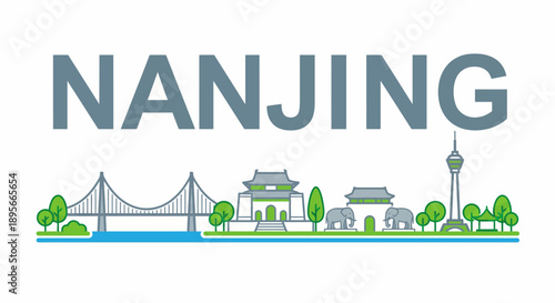 Nanjing city skyline with famous landmarks vector illustration