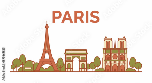 Paris landmarks and city skyline flat vector illustration