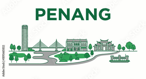 Penang city skyline and landmarks vector illustration