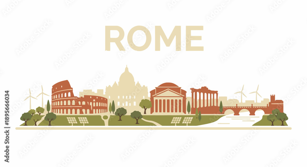 Naklejka premium Rome city landmarks and sustainable energy vector illustration
