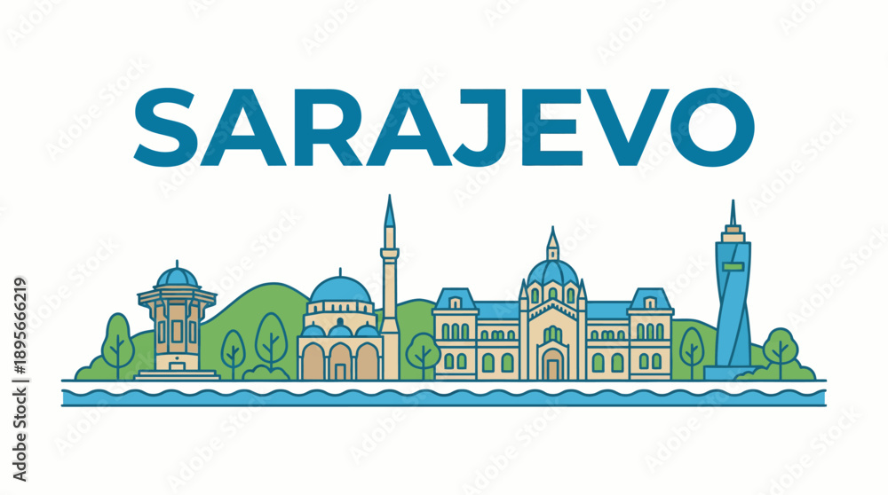 Fototapeta premium Sarajevo skyline with historic landmarks flat vector illustration