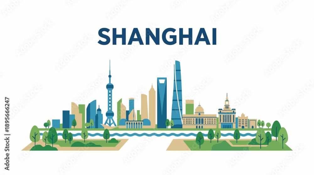 Fototapeta premium Shanghai skyline landmarks with river vector illustration